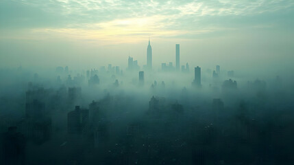 Fototapeta premium A misty cityscape with tall skyscrapers peeking through the fog.