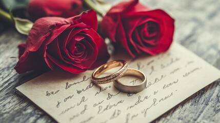 A pair of wedding rings placed on top of a handwritten Valentine card with red roses nearby.