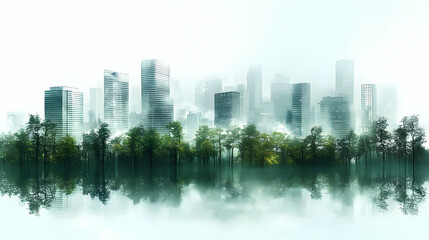 Fototapeta premium A misty cityscape with trees in the foreground, reflecting in the water.