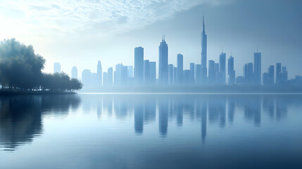 Fototapeta premium A misty morning cityscape with a reflection in the water.