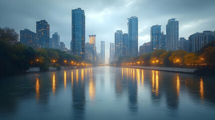 Fototapeta premium A misty morning view of a city skyline with tall buildings reflecting in the water.