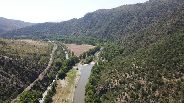 Aerial view of Struma River passing through the Kresna Gorge, Bulgaria