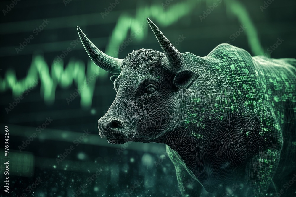 Wall mural modern wallpaper, a green stock market chart with a digital bull in the background