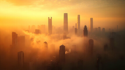 Fototapeta premium A misty sunrise over a city skyline with tall buildings silhouetted against the orange sky.
