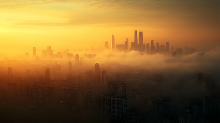 A misty sunrise over a modern city skyline, casting a warm golden glow over the buildings.