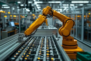 Robotic arm assembling components in a modern manufacturing facility