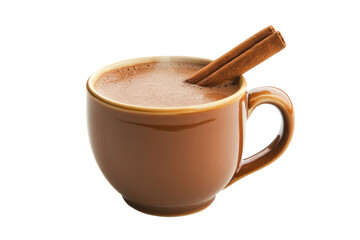 A mug of hot chocolate with two cinnamon sticks resting on the rim.