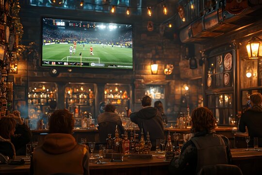 Crowd cheers for soccer match in a cozy tavern during nighttime