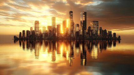 A modern city skyline with tall skyscrapers reflected in the water at sunset.