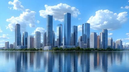 Fototapeta premium A modern city skyline with tall skyscrapers reflected in the water.