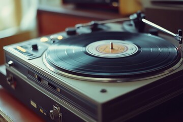 Vintage turntable with classic vinyl record, creating a nostalgic atmosphere in a cozy setting.