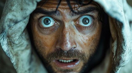 Eyes of Terror: A weathered man with wide, fearful eyes seeks refuge in a tattered hood, his expression a haunting portrait of raw terror and desperation. 