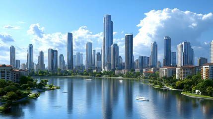 Fototapeta premium A modern cityscape with skyscrapers reflected in a calm lake.