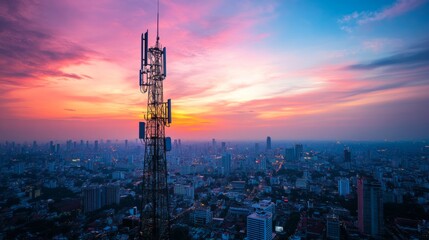 The tall, freestanding mobile tower is located in the center of urban areas, with an aerial view of city buildings at sunset.