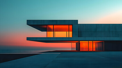 A modern concrete house with large windows glows with warm light at sunset.