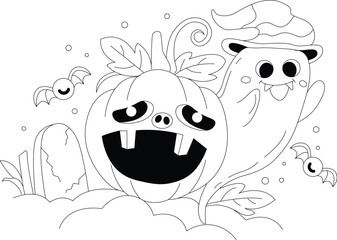 Hand drawn cute halloween coloring page illustration for children