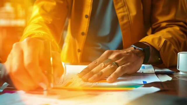 A close-up of hands working on a strategic plan, with documents, charts, and a laptop on the table, in a professional office setting ,magazine photography, Canon EOS R5, color