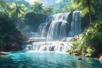 Serene waterfall cascading into a tranquil pool in lush jungle setting