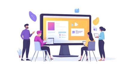 Fototapeta premium A team of diverse individuals working together on a computer screen, analyzing data and collaborating on a project.