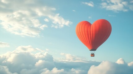 Obraz premium A heart-shaped hot air balloon icon floating in the sky with clouds around it.