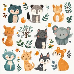 Naklejka premium Cute Animal Clipart Set Cartoon Cats Koala Fox and More