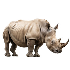 Obraz premium Large adult rhinoceros is standing and facing forward on a white background