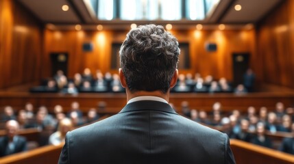 Lawyer delivers speech in courtroom during trial