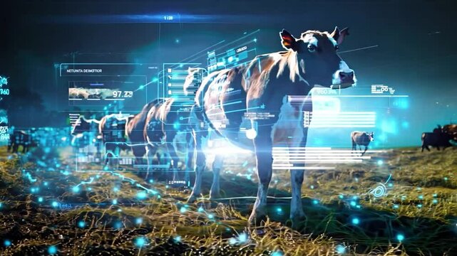 A farm managed by a farmer using AI to predict and solve livestock health issues.