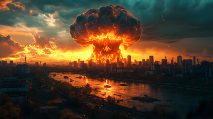 A mushroom cloud explodes over a city skyline, a fiery symbol of destruction and the devastating consequences of war.