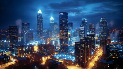 Obraz premium A night aerial view of a city skyline with skyscrapers lit up against a dark blue sky.