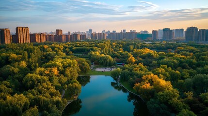 Obraz premium A beautiful park with a small lake, surrounded by lush greenery and towering buildings in the distance.