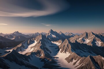 3D Illustration of Majestic Mountain Range with Rugged Peaks and Serene Atmosphere