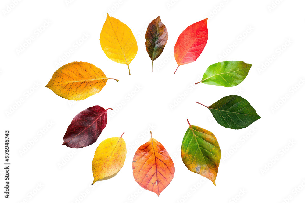 Wall mural a collection of autumn leaves in various colors arranged in a circle against a black background.