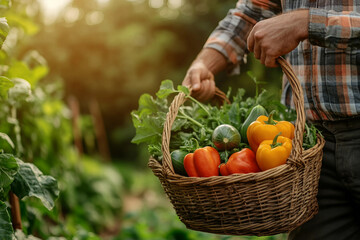 Happy person gathering harvest bounty fall summer season, farmland marsh garden Generative AI