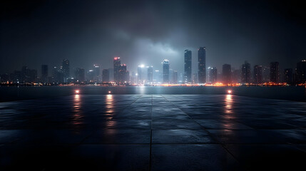 Obraz premium A nighttime cityscape with a view of a modern city skyline The city is illuminated by lights, and the sky is filled with fog 