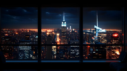 A nighttime view of a city skyline through a large window.