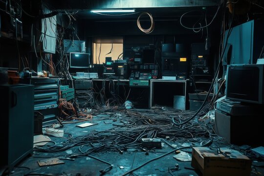 Cluttered and Disorganized Server Room with Wires