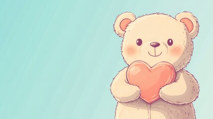 A teddy bear holding a heart icon in its arms, with soft pastel colors and cute details.