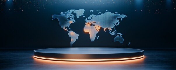 Futuristic news studio with a glowing world map backdrop, circular stage platform, blue neon lighting, high-tech broadcast environment, global news concept