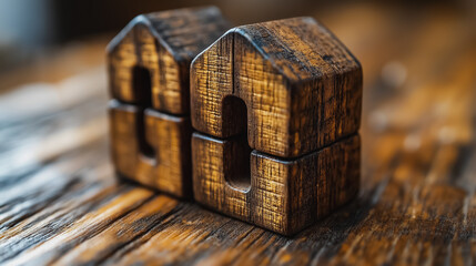 Obraz premium Two wooden house models on a rustic wooden surface