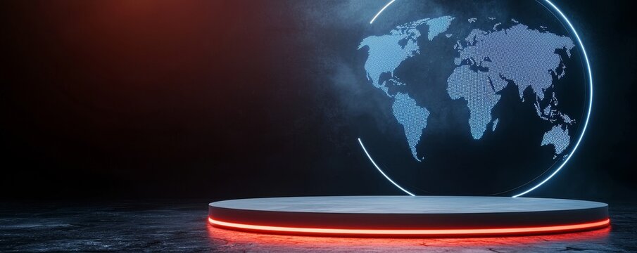 Futuristic news studio with a glowing world map backdrop, circular stage platform, blue neon lighting, high-tech broadcast environment, global news concept