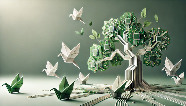 A vibrant origami tree with circuit board branches, surrounded by colorful paper birds, representing the blend of technology and nature in a dynamic and lively setting
