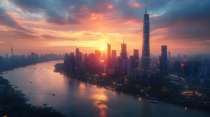 Fototapeta premium A panoramic aerial view of a modern city skyline with skyscrapers and a river at sunset, with the sun reflecting on the water.
