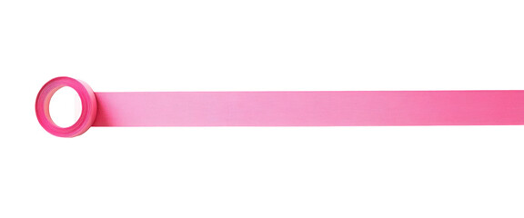 A pink ribbon unfurling and rolled into a circle against a black background.