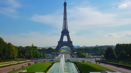 Fototapeta premium A shot of the Eiffel Tower from the Trocad Gardens, with the lush greenery and fountains providing a picturesque foreground.