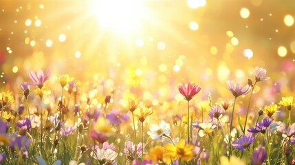 Fototapeta premium Sunlit Field of Blooming Flowers with Bokeh Background
