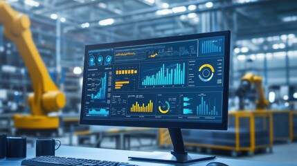 A computer monitor displays a series of graphs and numbers. Concept of technology and data analysis, with the robot in the background suggesting a futuristic or industrial setting