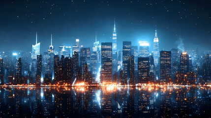 Obraz premium A panoramic night view of a modern city skyline with skyscrapers illuminated against a starry sky and reflecting in the water.