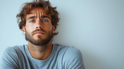 Obraz premium Man Contemplating: A young man with a contemplative expression, lost in thought, his gaze fixed on the viewer. His furrowed brow and pensive demeanor evoke a sense of introspection. 