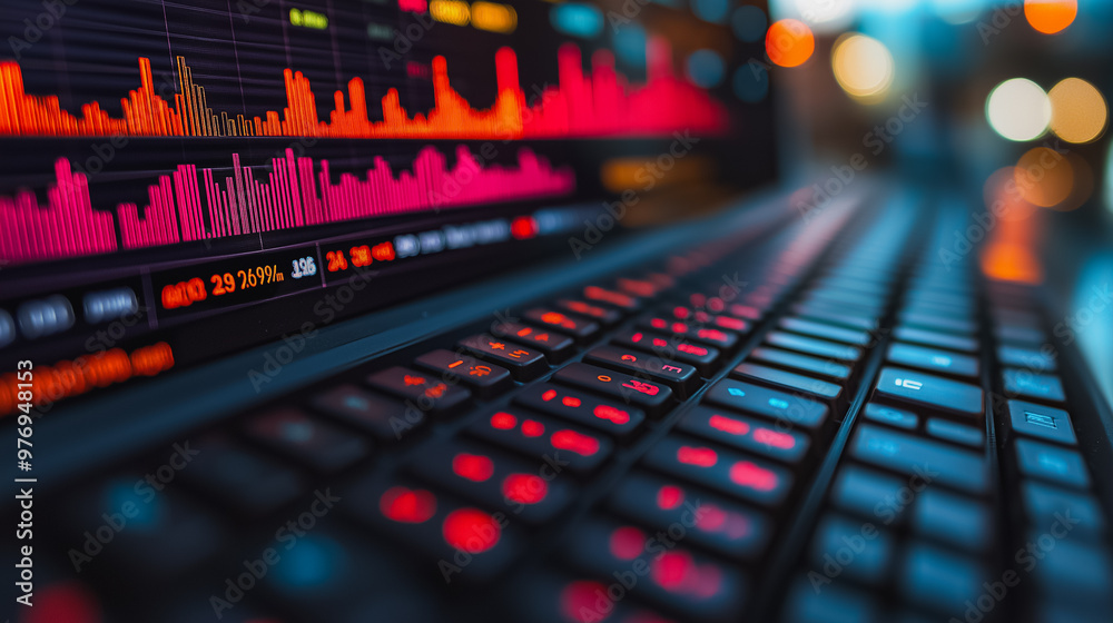 Poster a computer keyboard with red keys and a red background. the background is filled with graphs and num